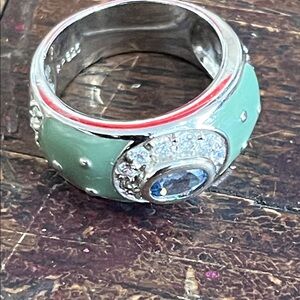 Seafoam green  Enamel Silver Ring with Blue Crystal gemstone,  stamped RP 925, 8
